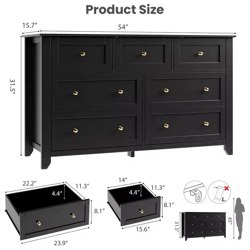 Cassettiera in legno a 7 cassetti con pomelli in metallo – Organizzatore per camera da letto e porta TV, 54"W