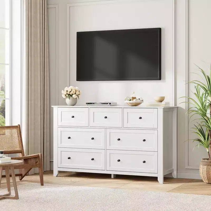 Cassettiera in legno a 7 cassetti con pomelli in metallo – Organizzatore per camera da letto e porta TV, 54"W