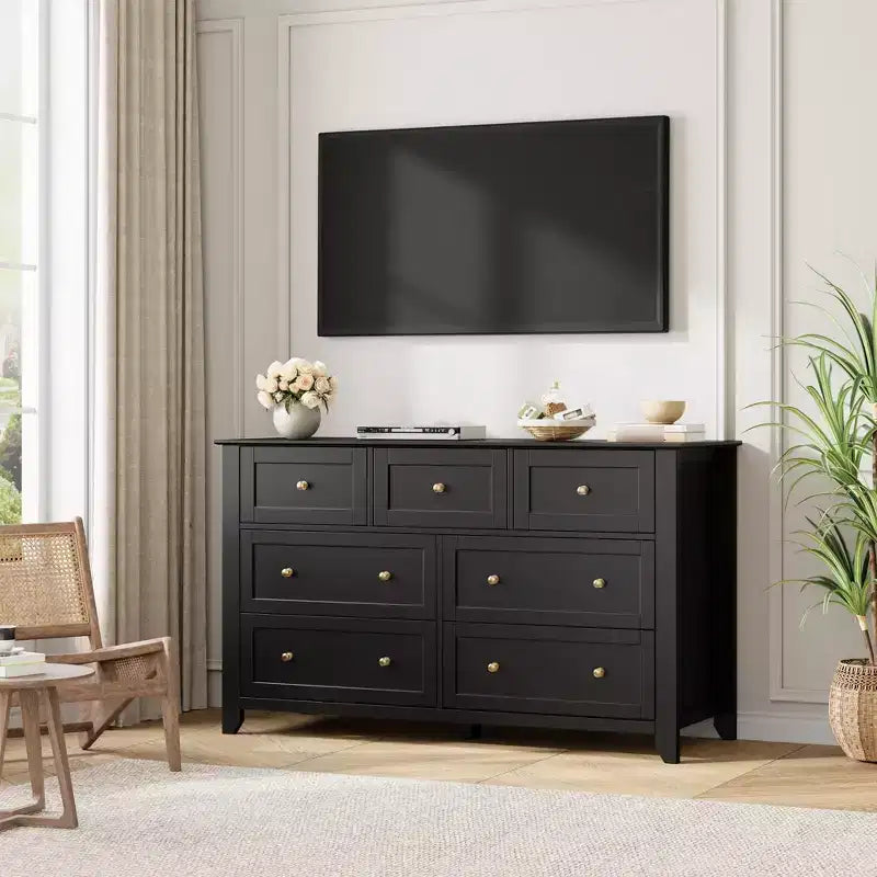 Cassettiera in legno a 7 cassetti con pomelli in metallo – Organizzatore per camera da letto e porta TV, 54"W