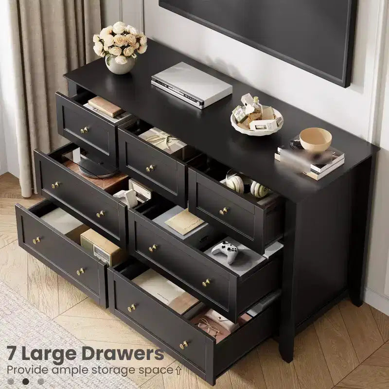 Cassettiera in legno a 7 cassetti con pomelli in metallo – Organizzatore per camera da letto e porta TV, 54"W