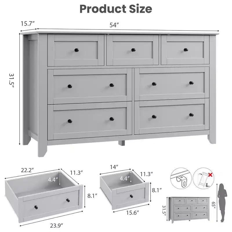 Cassettiera in legno a 7 cassetti con pomelli in metallo – Organizzatore per camera da letto e porta TV, 54"W