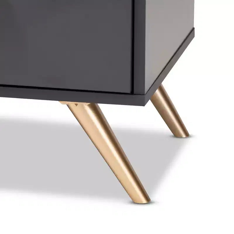 Comodino moderno a 2 cassetti, grigio scuro e gambe color oro, mobile da notte per camera da letto