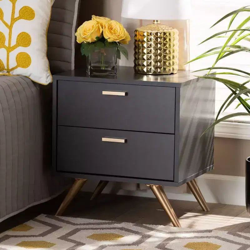Comodino moderno a 2 cassetti, grigio scuro e gambe color oro, mobile da notte per camera da letto