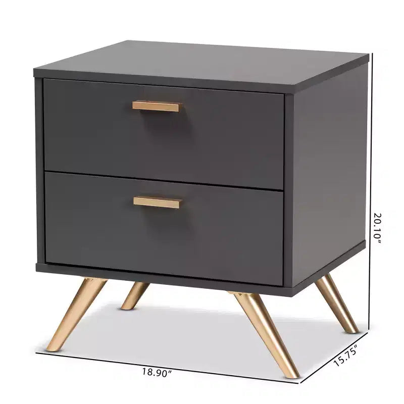 Comodino moderno a 2 cassetti, grigio scuro e gambe color oro, mobile da notte per camera da letto