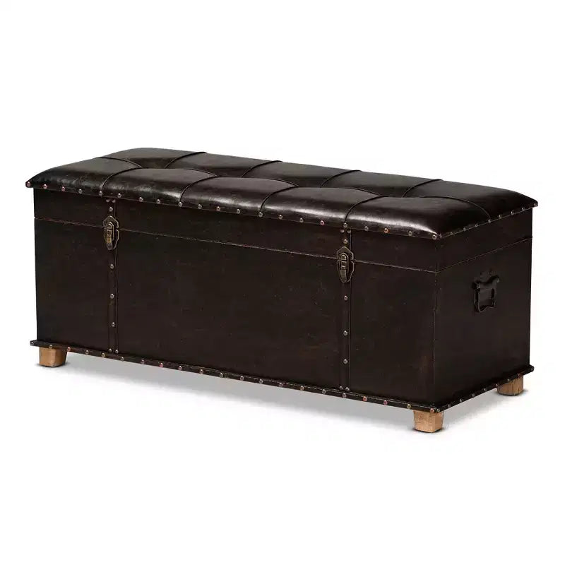 Pouf Contenitore Rustico in Ecopelle e Legno, Marrone Scuro/Marrone Quercia