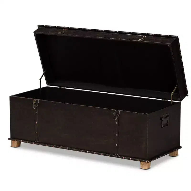 Pouf Contenitore Rustico in Ecopelle e Legno, Marrone Scuro/Marrone Quercia