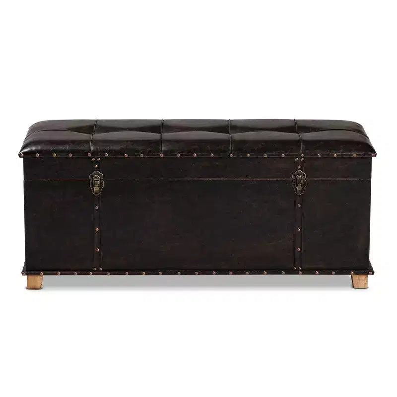 Pouf Contenitore Rustico in Ecopelle e Legno, Marrone Scuro/Marrone Quercia