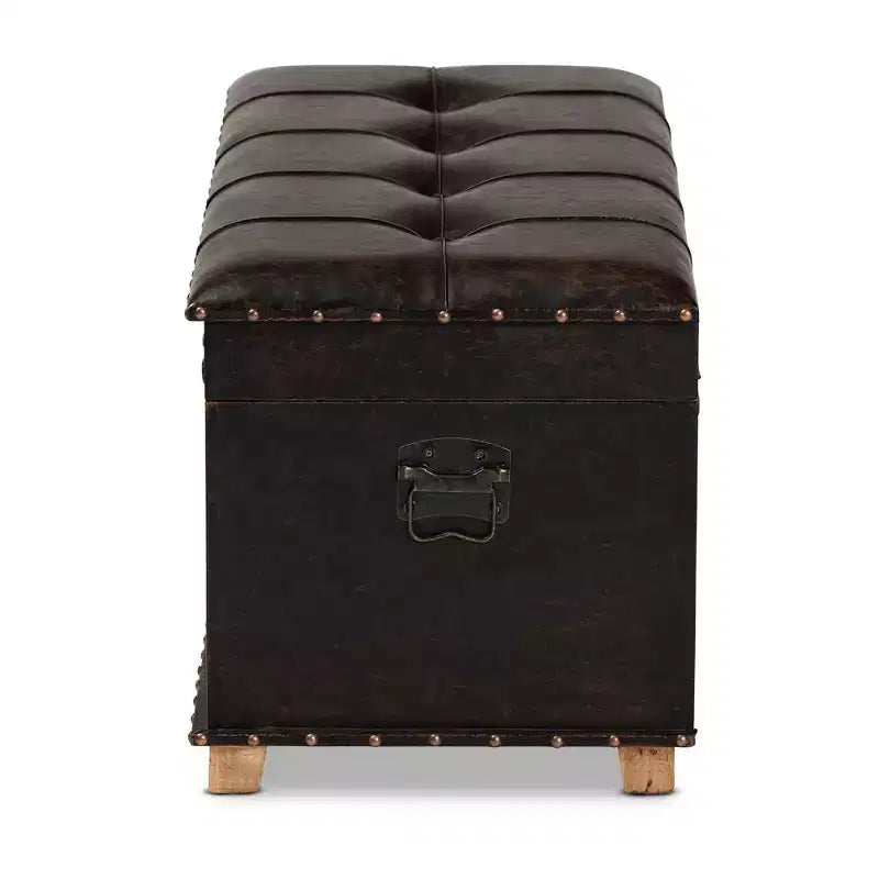Pouf Contenitore Rustico in Ecopelle e Legno, Marrone Scuro/Marrone Quercia