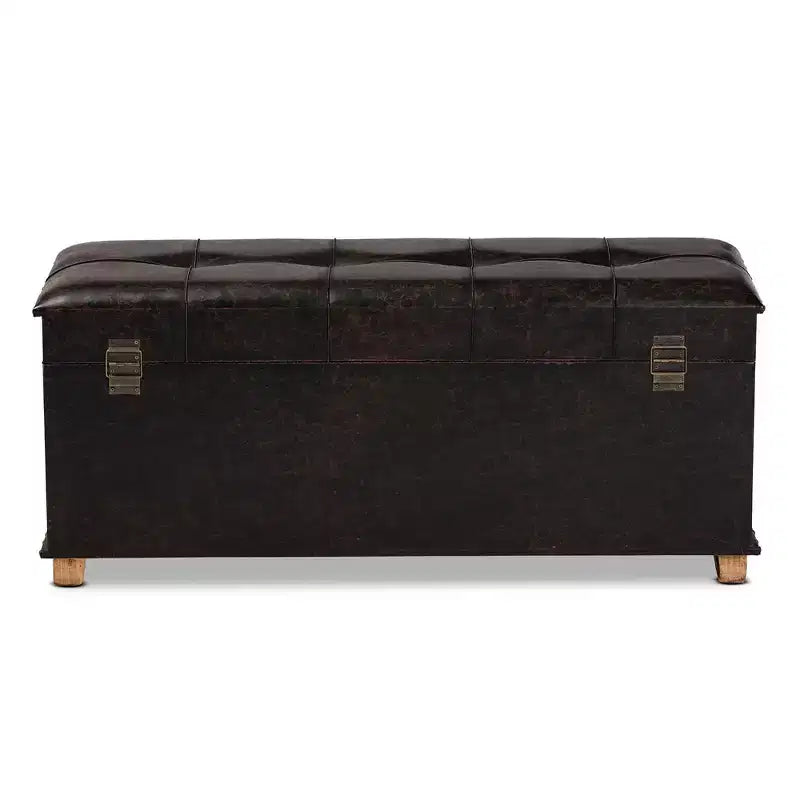 Pouf Contenitore Rustico in Ecopelle e Legno, Marrone Scuro/Marrone Quercia