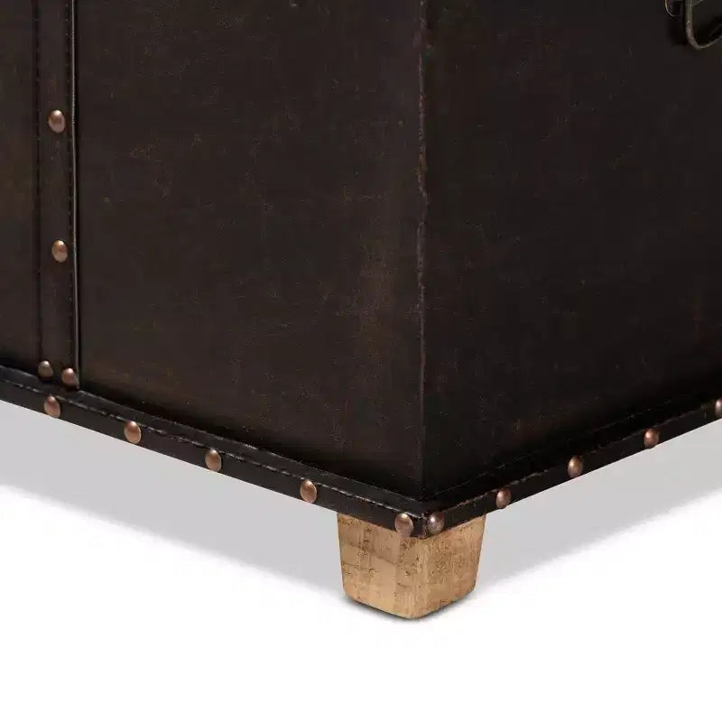 Pouf Contenitore Rustico in Ecopelle e Legno, Marrone Scuro/Marrone Quercia