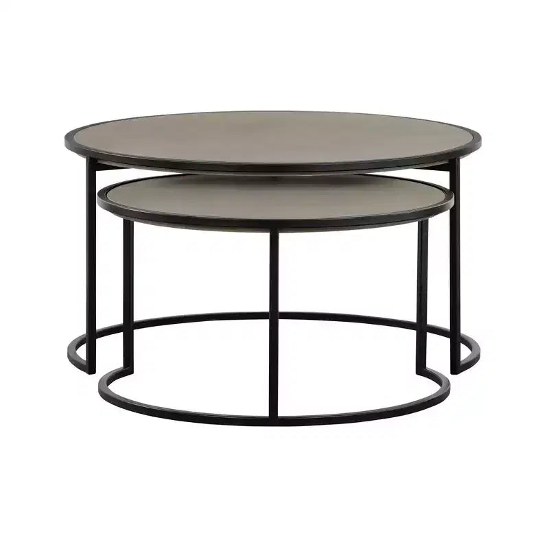 Set di 2 tavolini da caffè sovrapponibili in cemento e metallo, grigio/nero, design moderno con gamba a anello