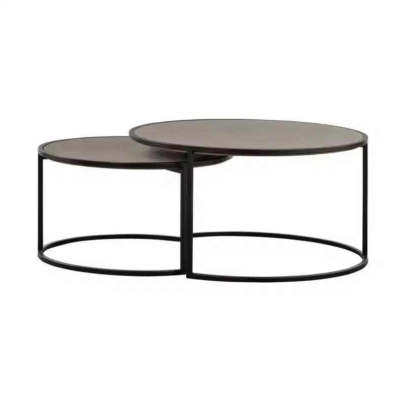 Set di 2 tavolini da caffè sovrapponibili in cemento e metallo, grigio/nero, design moderno con gamba a anello