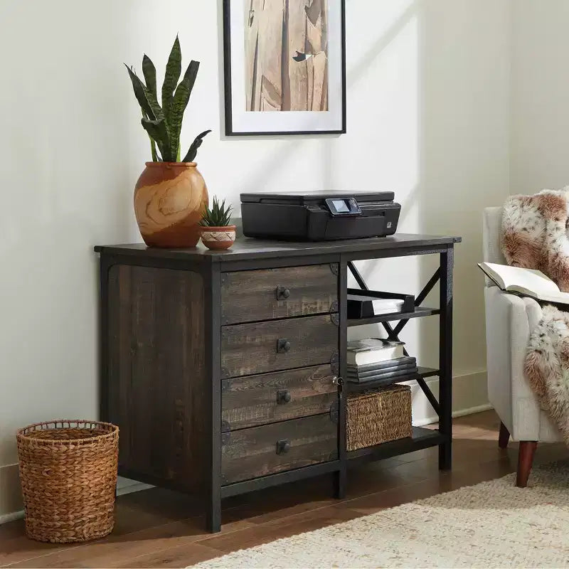 Credenza industriale con cassetti, rovere carbonio, struttura in metallo, formato per documenti/legale