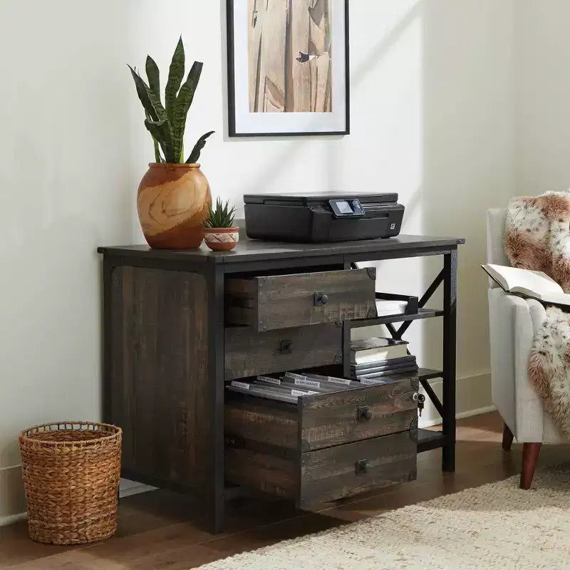 Credenza industriale con cassetti, rovere carbonio, struttura in metallo, formato per documenti/legale