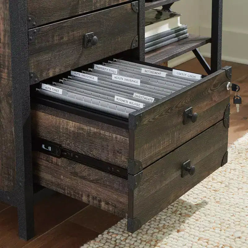 Credenza industriale con cassetti, rovere carbonio, struttura in metallo, formato per documenti/legale