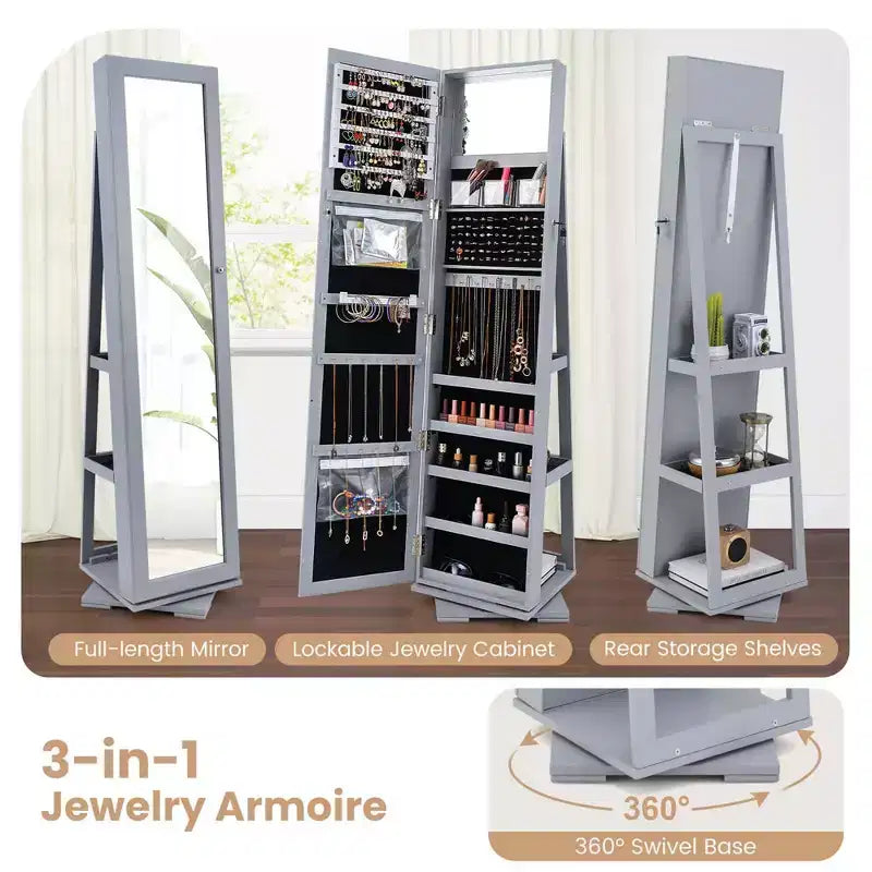 Armadio Portagioie con Specchio Girevole a 360° e Blocco, 2 in 1, Disponibile in 8 Colori