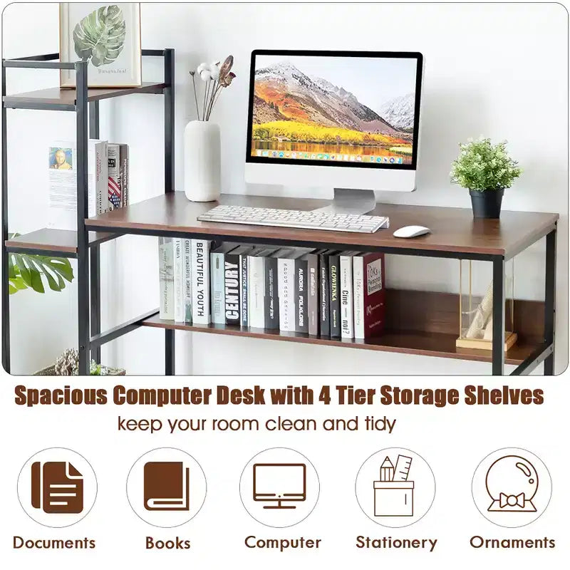 Scrivania per computer multifunzionale con ripiani portaoggetti a 4 livelli, struttura in metallo e superficie in legno