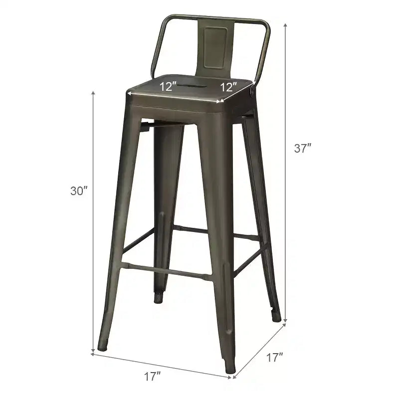 Set di 4 sgabelli da bar industriali in metallo, altezza seduta 76 cm, schienale basso, impilabili, capacità 150 kg