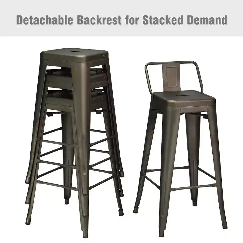Set di 4 sgabelli da bar industriali in metallo, altezza seduta 76 cm, schienale basso, impilabili, capacità 150 kg