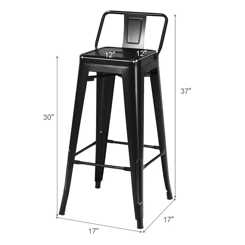 Set di 4 sgabelli da bar industriali in metallo, altezza seduta 76 cm, schienale basso, impilabili, capacità 150 kg