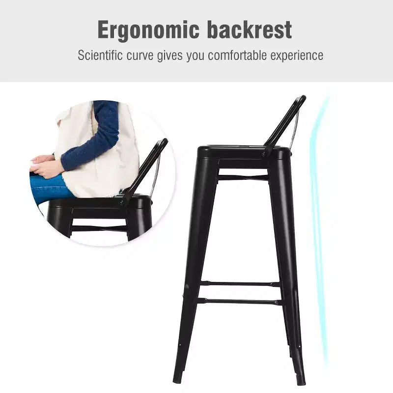Set di 4 sgabelli da bar industriali in metallo, altezza seduta 76 cm, schienale basso, impilabili, capacità 150 kg