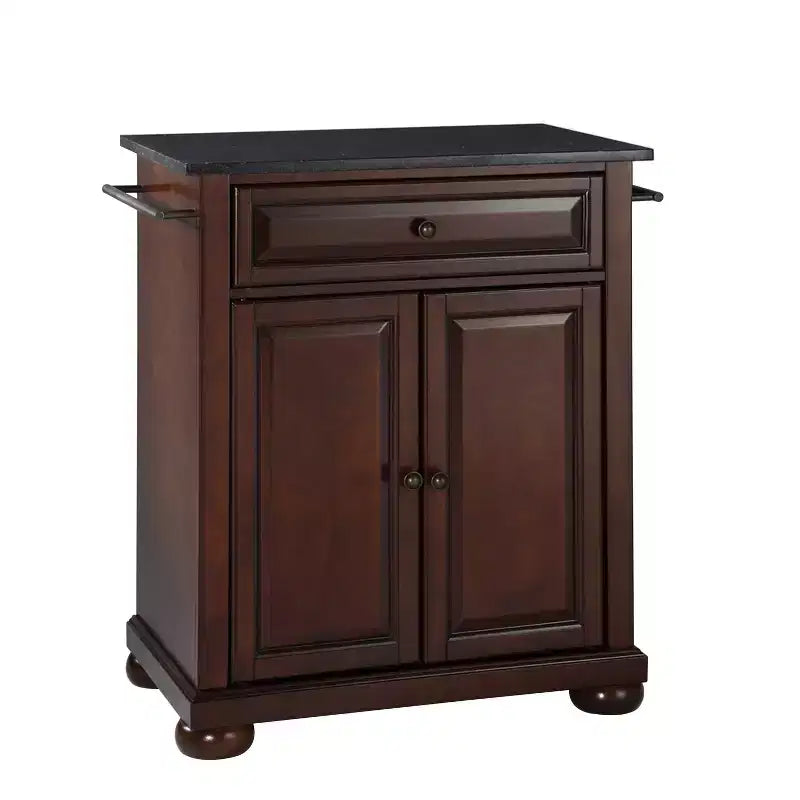 Carrello da Cucina Portatile Alexandria con Isola, Piano in Granito Nero e Contenitore