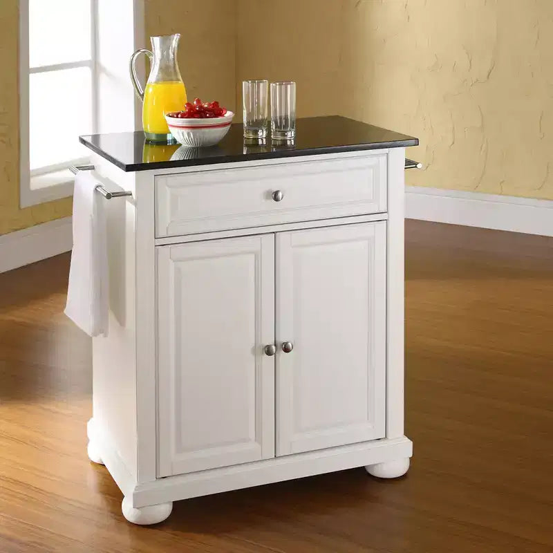Carrello da Cucina Portatile Alexandria con Isola, Piano in Granito Nero e Contenitore