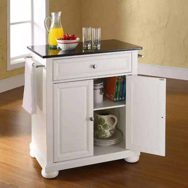 Carrello da Cucina Portatile Alexandria con Isola, Piano in Granito Nero e Contenitore