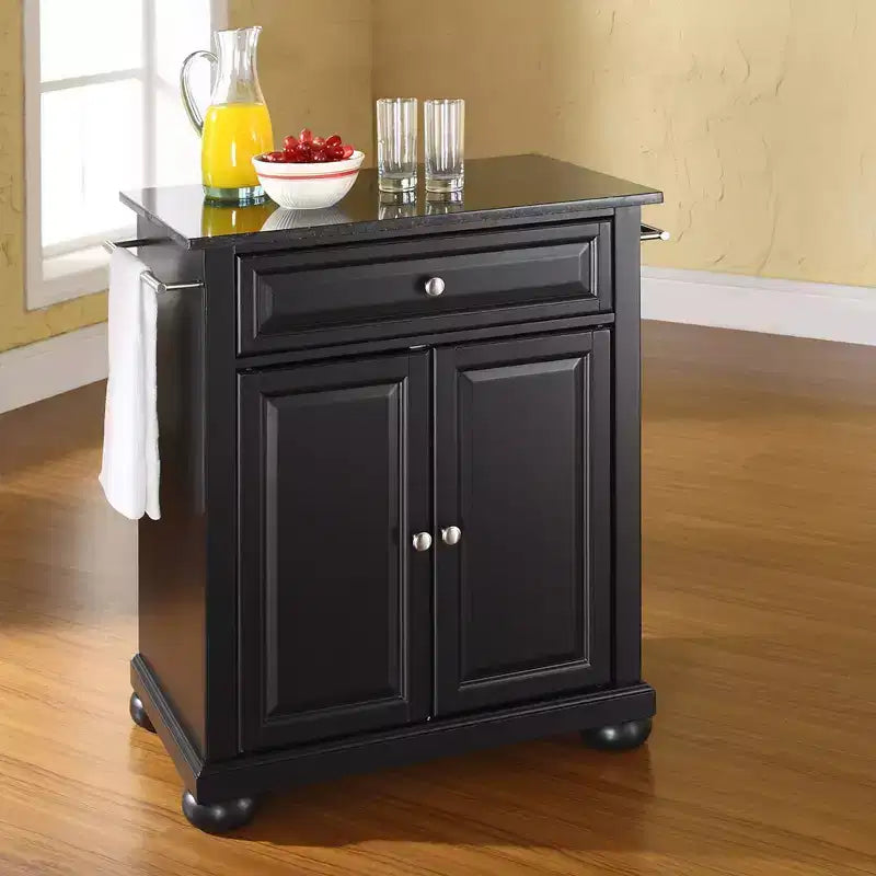 Carrello da Cucina Portatile Alexandria con Isola, Piano in Granito Nero e Contenitore
