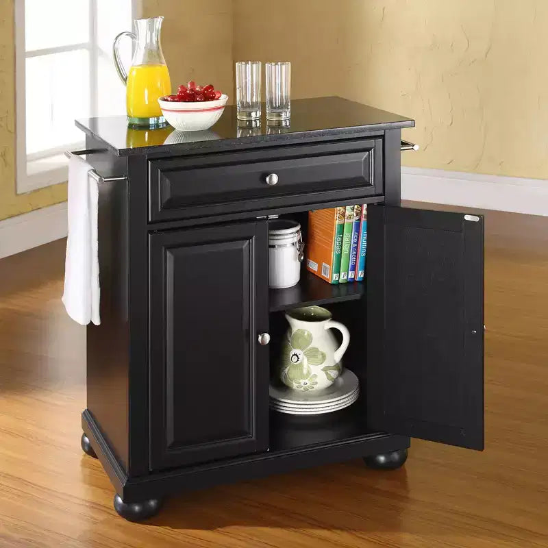 Carrello da Cucina Portatile Alexandria con Isola, Piano in Granito Nero e Contenitore