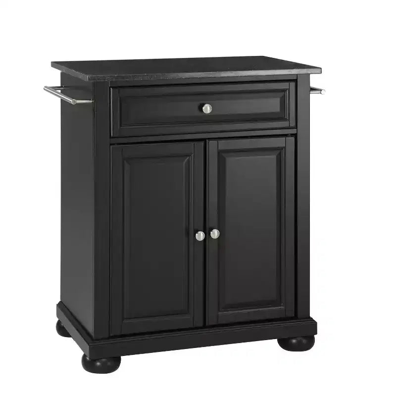 Carrello da Cucina Portatile Alexandria con Isola, Piano in Granito Nero e Contenitore