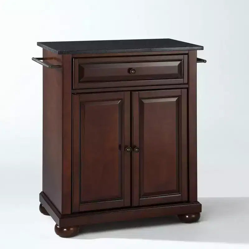 Carrello da Cucina Portatile Alexandria con Isola, Piano in Granito Nero e Contenitore