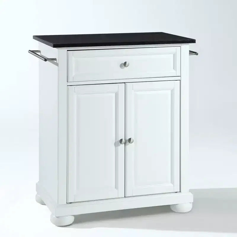 Carrello da Cucina Portatile Alexandria con Isola, Piano in Granito Nero e Contenitore