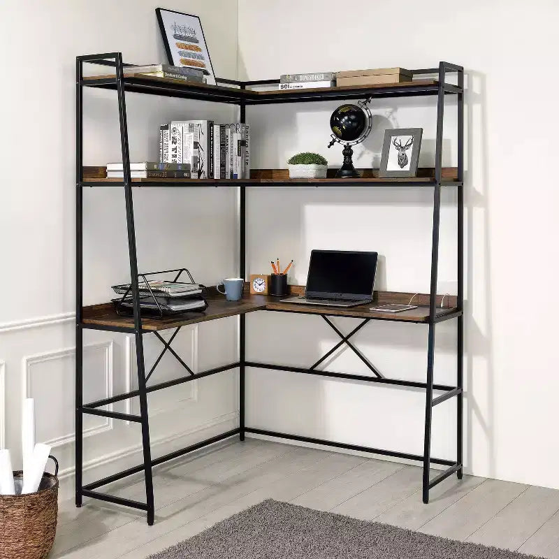 Scrivania ad Angolo con Libreria e Presa USB, Postazione Lavoro Salvaspazio per Ufficio Domestico