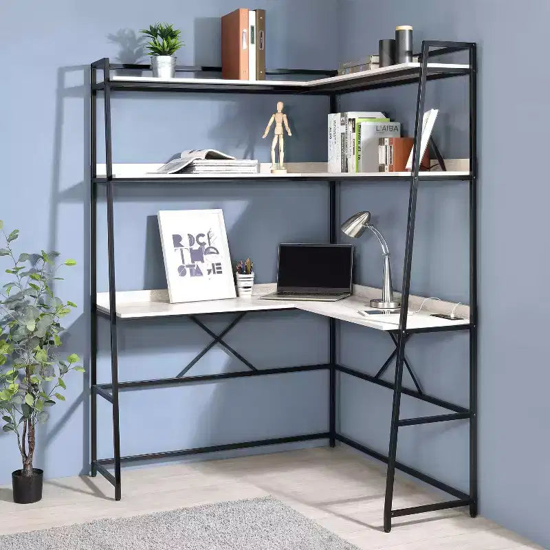 Scrivania ad Angolo con Libreria e Presa USB, Postazione Lavoro Salvaspazio per Ufficio Domestico