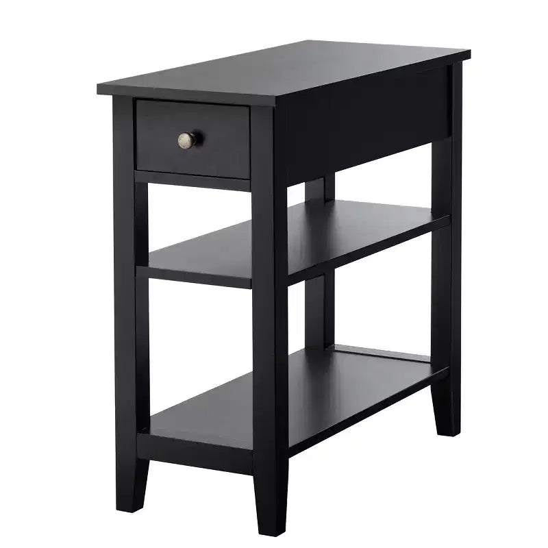 Set di 2 comodini a tre livelli con cassetto e ripiani aperti, tavolini laterali da letto in MDF nero