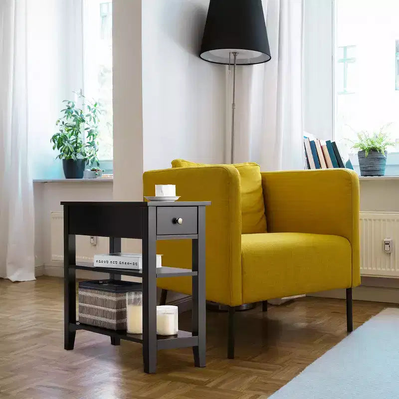 Set di 2 comodini a tre livelli con cassetto e ripiani aperti, tavolini laterali da letto in MDF nero