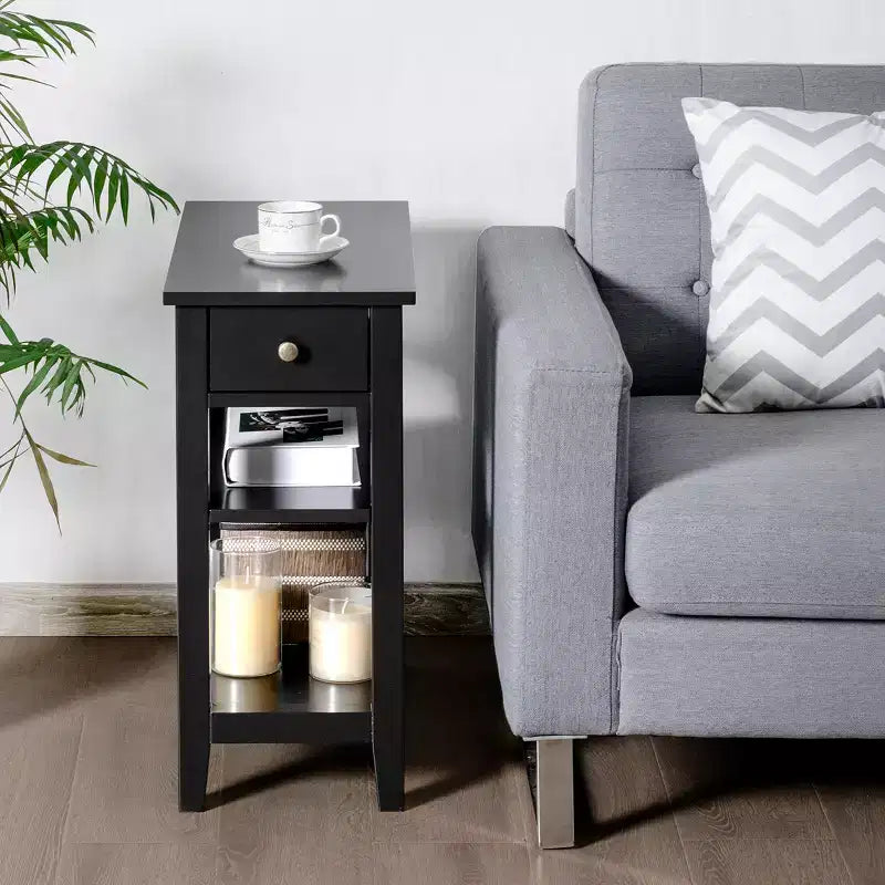 Set di 2 comodini a tre livelli con cassetto e ripiani aperti, tavolini laterali da letto in MDF nero