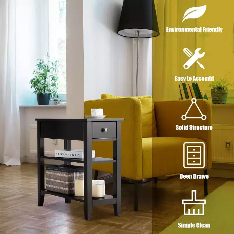 Set di 2 comodini a tre livelli con cassetto e ripiani aperti, tavolini laterali da letto in MDF nero