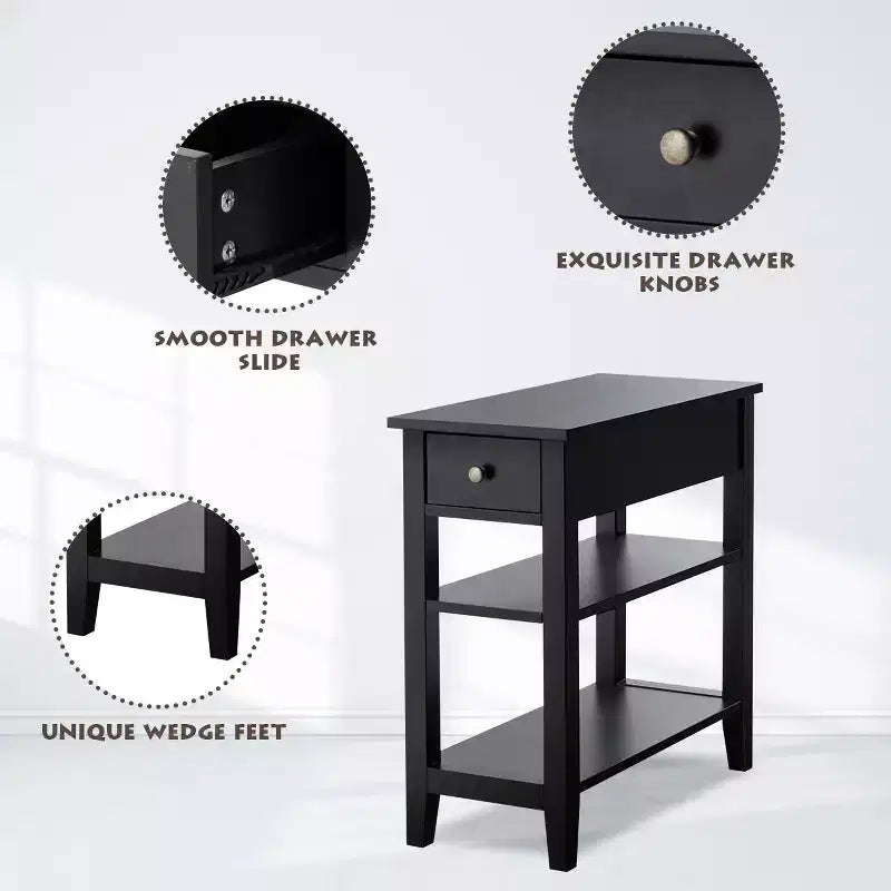 Set di 2 comodini a tre livelli con cassetto e ripiani aperti, tavolini laterali da letto in MDF nero