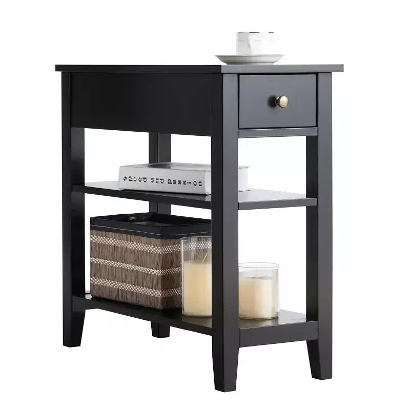 Set di 2 comodini a tre livelli con cassetto e ripiani aperti, tavolini laterali da letto in MDF nero
