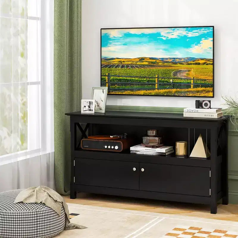 Mobile TV con Stazione di Ricarica, Gambe a X in Pino e Mobile Contenitore, Adatto per TV fino a 50"