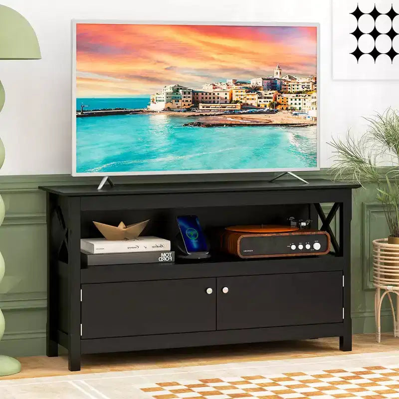 Mobile TV con Stazione di Ricarica, Gambe a X in Pino e Mobile Contenitore, Adatto per TV fino a 50"