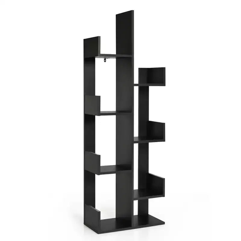 Libreria a forma di albero a 8 ripiani, scaffale in legno autoportante per soggiorno e camera da letto, nero/bianco