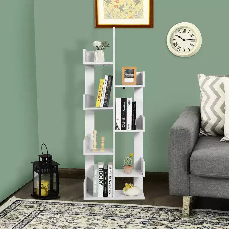 Libreria a forma di albero a 8 ripiani, scaffale in legno autoportante per soggiorno e camera da letto, nero/bianco