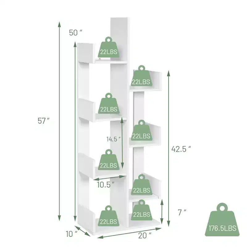 Libreria a forma di albero a 8 ripiani, scaffale in legno autoportante per soggiorno e camera da letto, nero/bianco