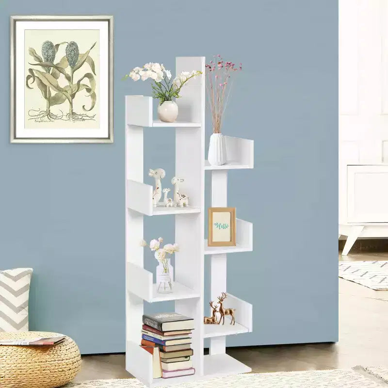 Libreria a forma di albero a 8 ripiani, scaffale in legno autoportante per soggiorno e camera da letto, nero/bianco