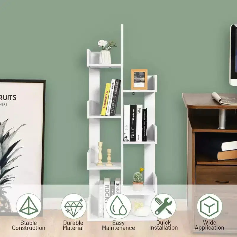 Libreria a forma di albero a 8 ripiani, scaffale in legno autoportante per soggiorno e camera da letto, nero/bianco