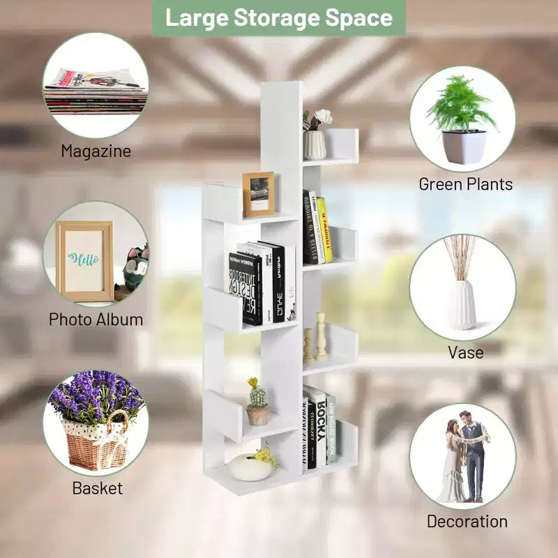 Libreria a forma di albero a 8 ripiani, scaffale in legno autoportante per soggiorno e camera da letto, nero/bianco