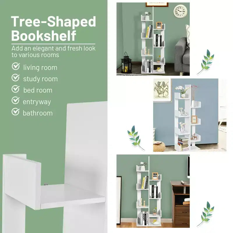 Libreria a forma di albero a 8 ripiani, scaffale in legno autoportante per soggiorno e camera da letto, nero/bianco